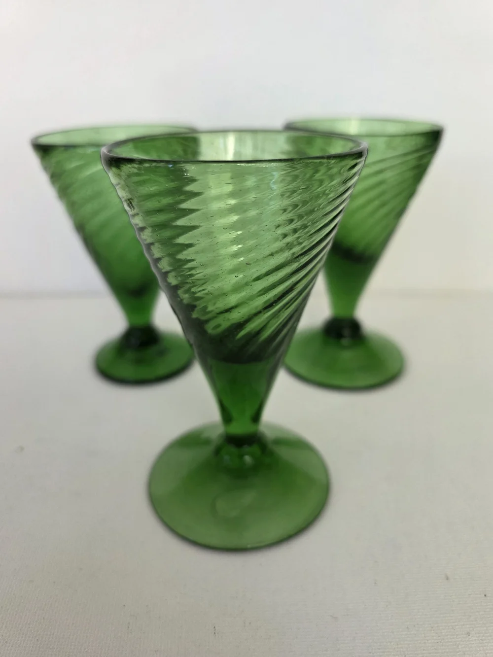 Vintage Emeral Green Swirled Glass Dessert & Cocktail Goblet - Set of 3